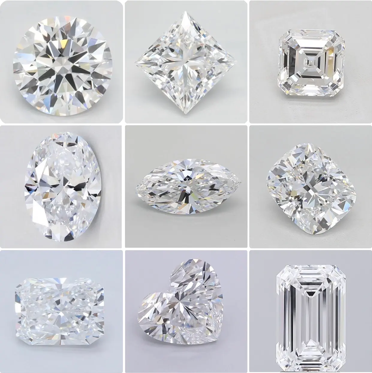 Diamond shapes grid — round, oval, princess, emerald, pear, cushion cuts